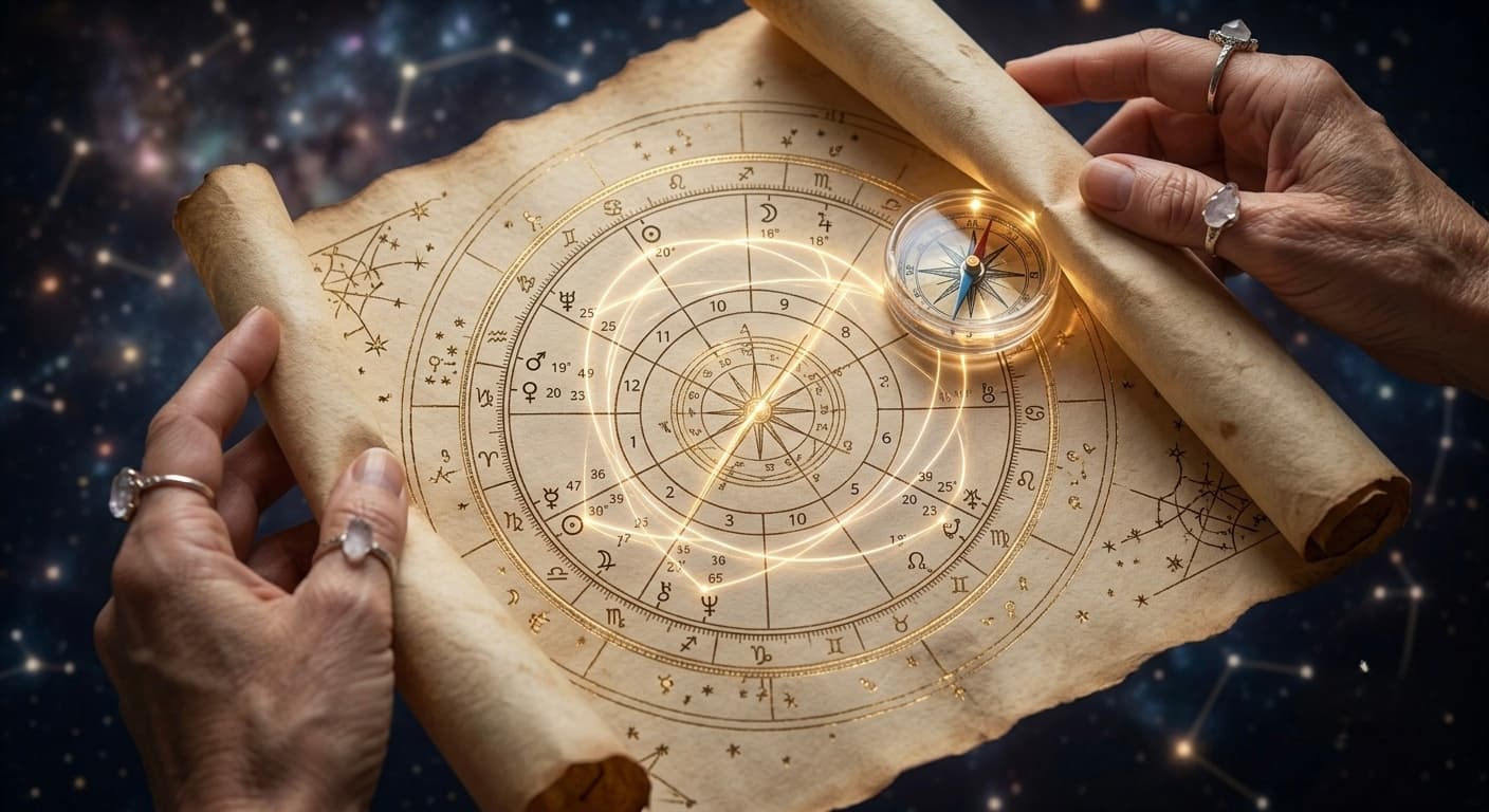 Hands unrolling an astrological birth chart scroll beside a compass, under a starry sky