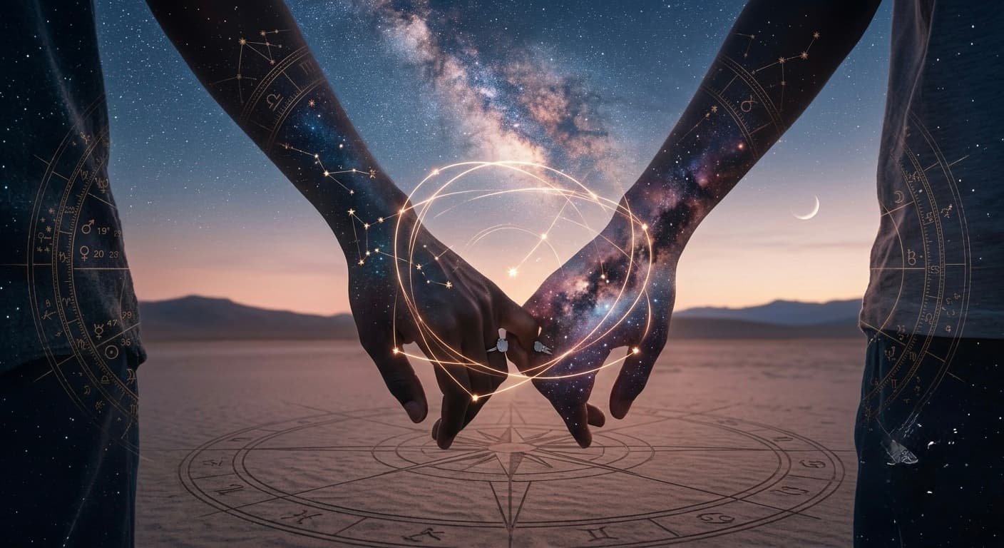 Two people holding hands under a starry sky with an astrological chart overlay