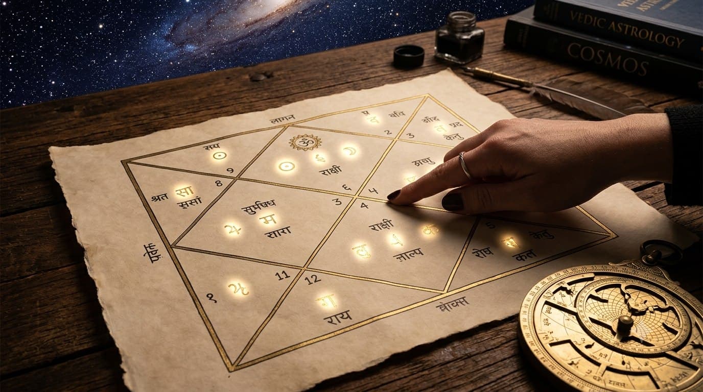 A diamond-shaped Vedic birth chart with astrology books
