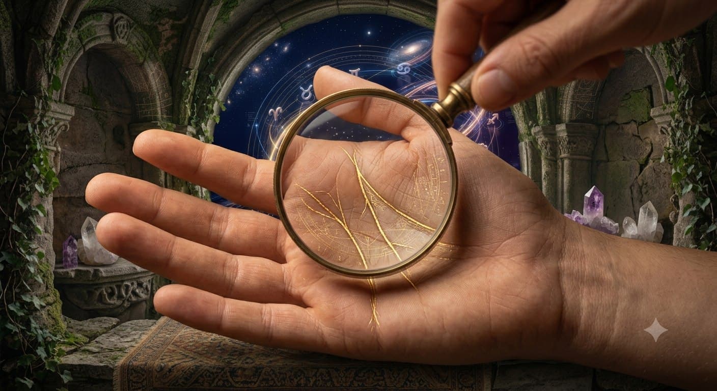 A magnifying glass examining the golden-traced life and heart lines of an open palm