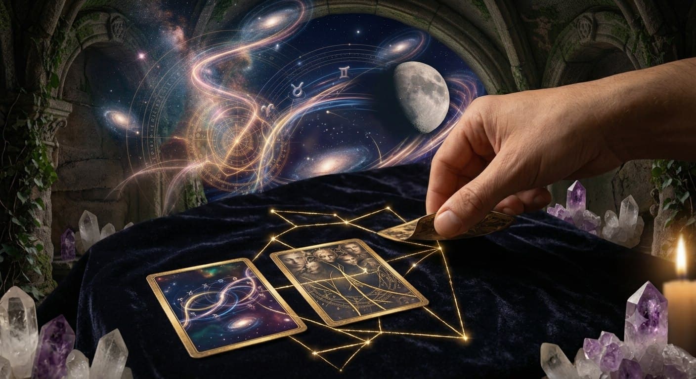 A hand placing a tarot card face-up during a reading